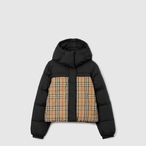 Crop Reversible Check Puffer Jacket