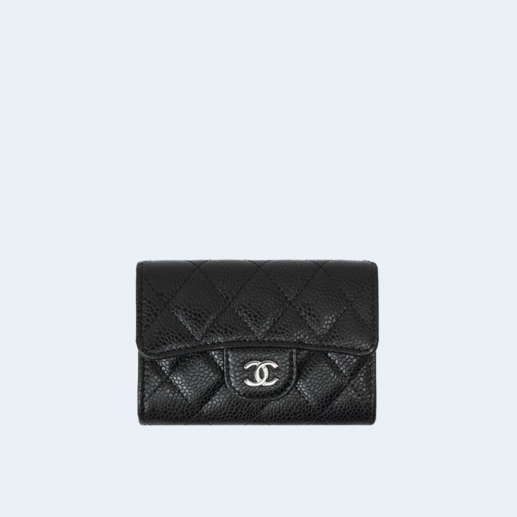 Chanel Classic Caviar Card Holder Black Silver