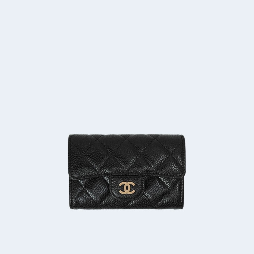 Chanel Classic Caviar Card Holder Black Gold